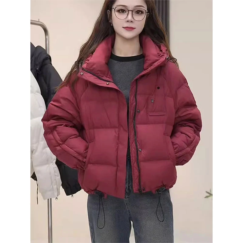 韩系慵懒风酒红色棉服女2024冬季新款小个子加厚保暖棉袄棉衣外套