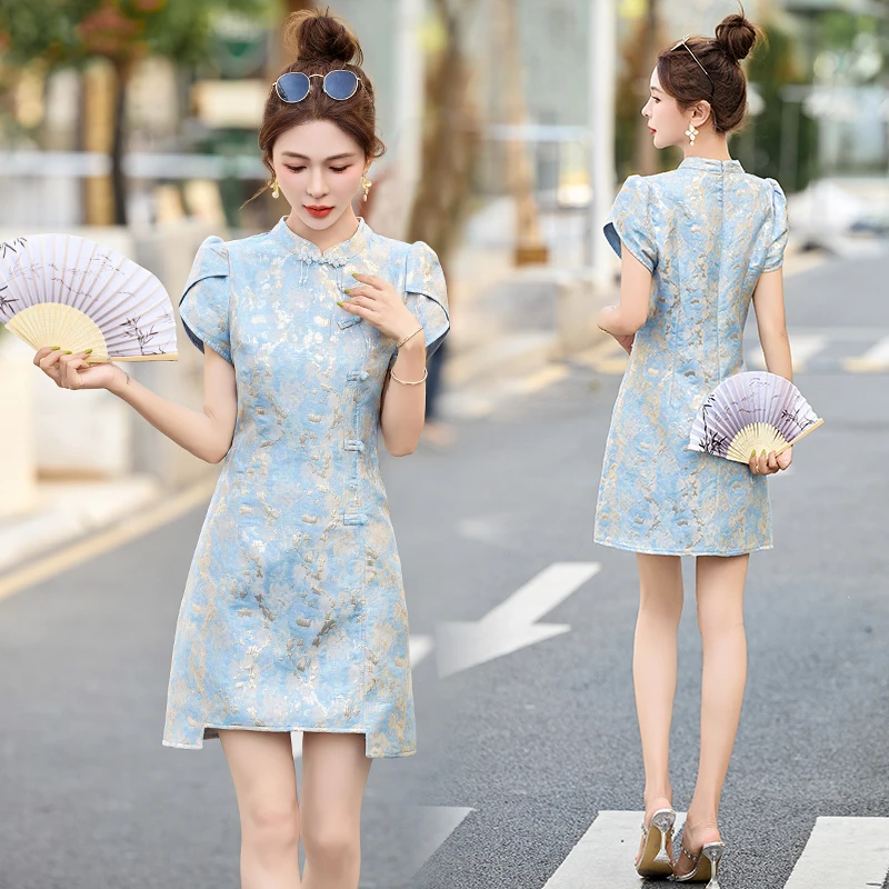 新中式风改良旗袍2025夏新款收腰修身连衣裙女复古盘扣提花裙子
