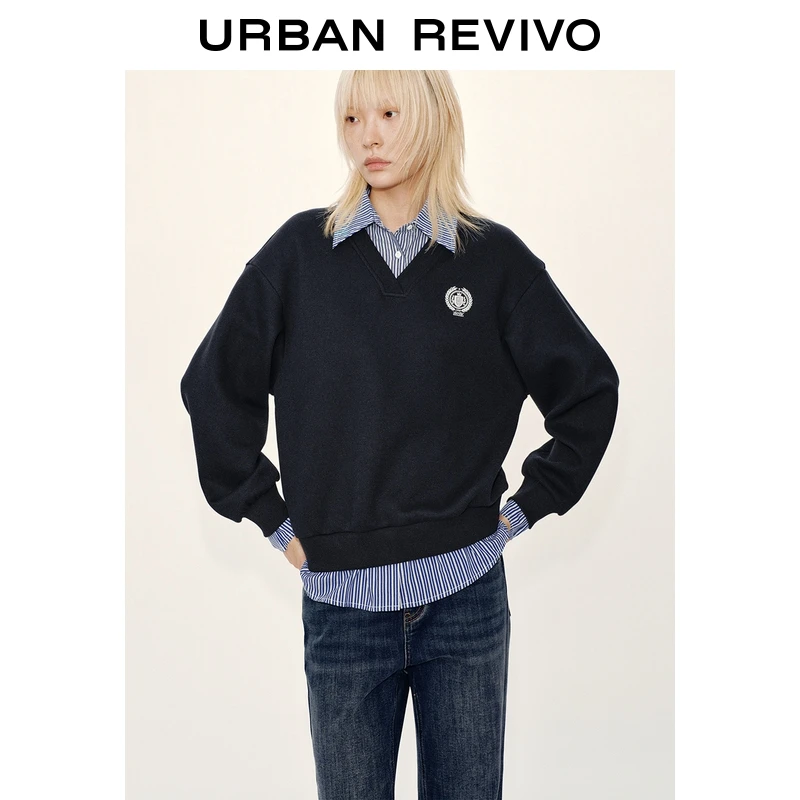 UR2025冬季新款女装休闲撞色假两件刺绣图案卫衣UYY450342