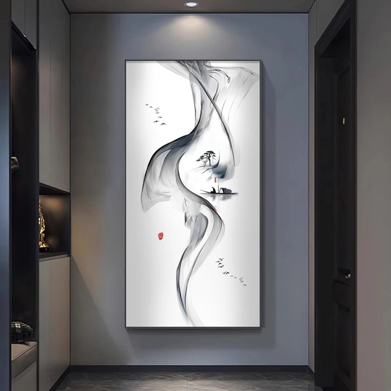 新中式入户玄关装饰画极简走廊尽头过道挂画竖版抽象水墨禅意壁画