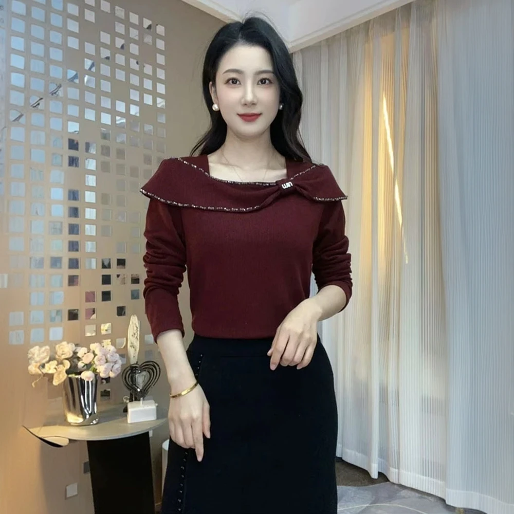 时尚方领串珠法式打底衫春季新款百搭纯色显瘦气质减龄内搭小衫潮