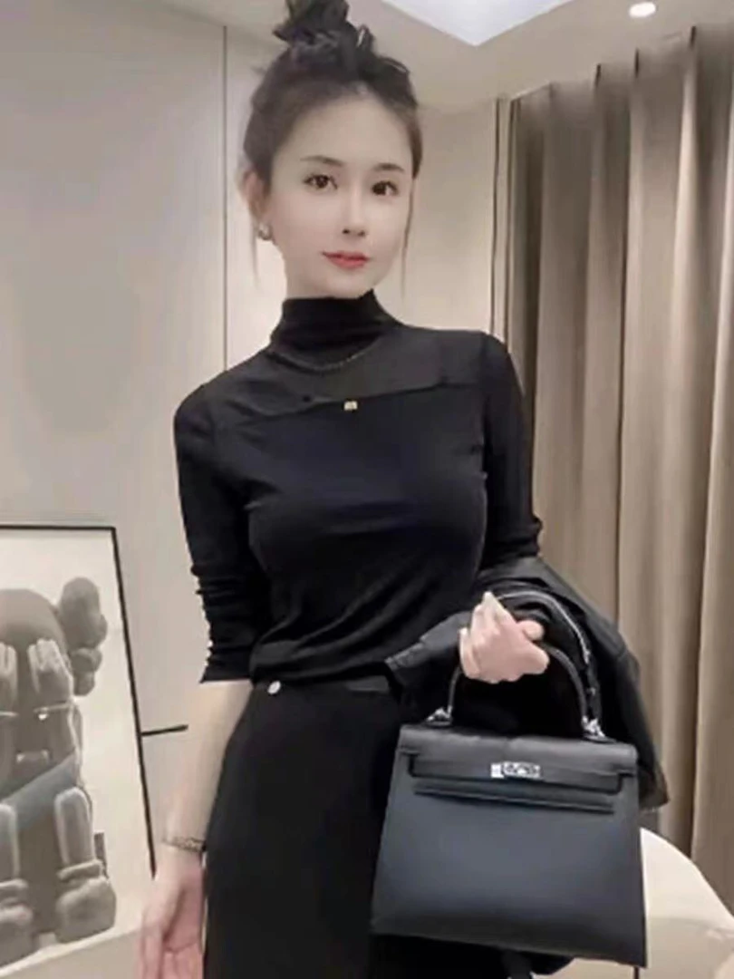 黑色纱网圆领长袖街头风T恤女士女修身型百搭洋气