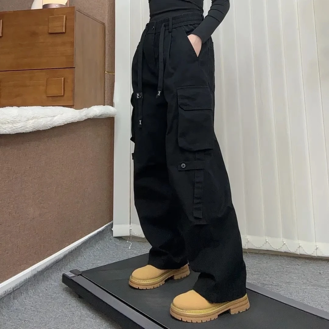 黑色工装裤子男款春秋季小众设计感阔腿裤宽工装风男直筒阔腿裤