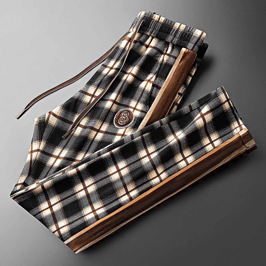 秋冬时尚英伦风格子纹运动裤撞色丝绒拼接男士运动直筒卫裤休闲裤