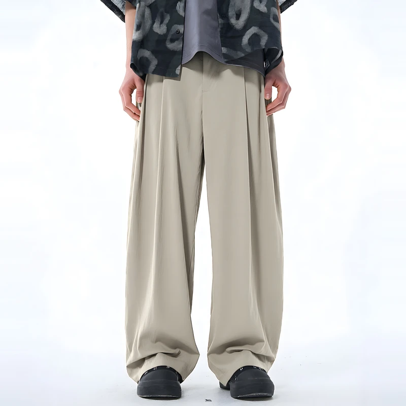 流石男装宽松凉感透气西装休闲裤2025年夏季男士纯色防晒直筒长裤