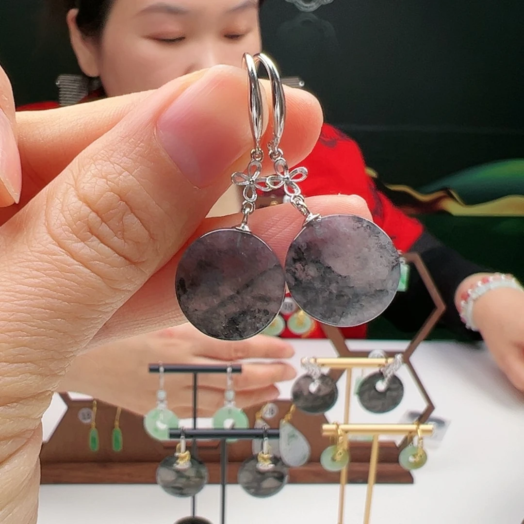 翡翠耳饰银S925镶嵌天然翡翠