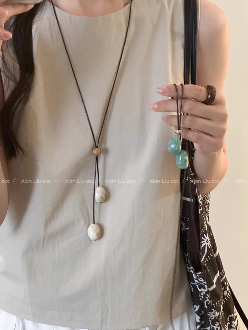 铜合金项链 新中式民族风抽拉绳长款项链女不规则百搭气质锁骨链