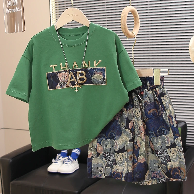 男童夏装小熊拼色短袖套装2025新款儿童夏季潮牌两件套宽松时髦酷