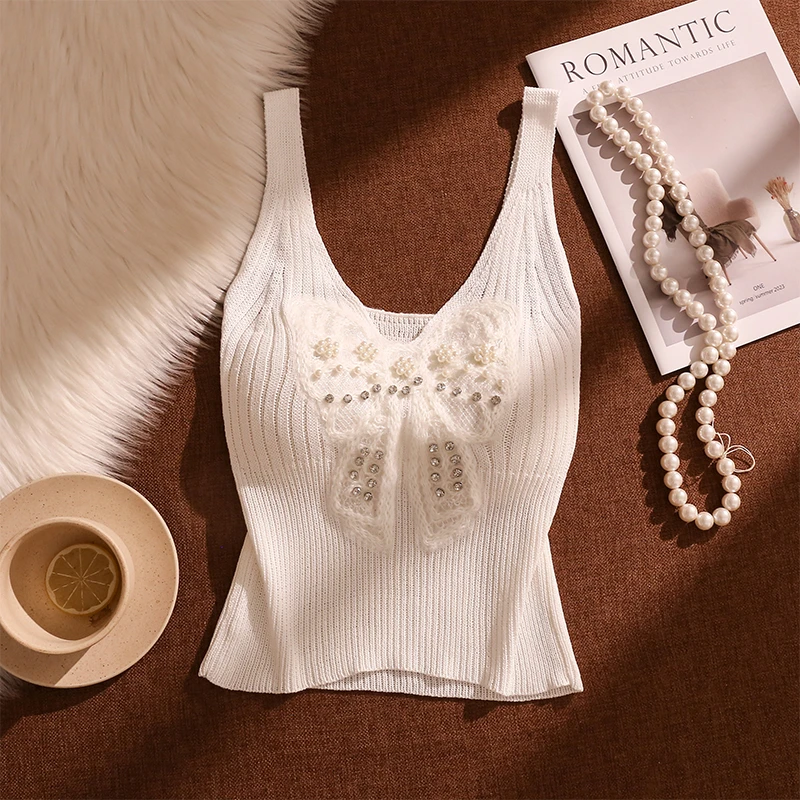 小香风重工蝴蝶结针织吊带背心女夏内搭性感美背修身辣妹打底上衣