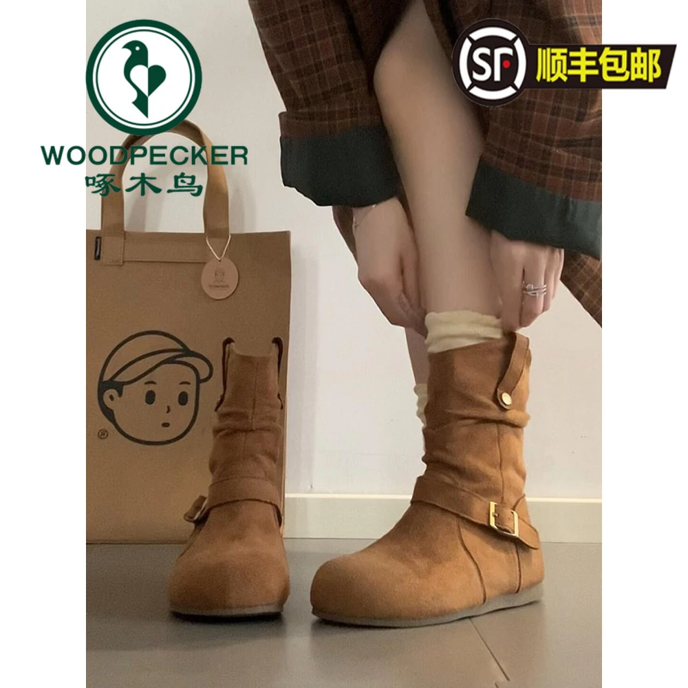 啄木鸟隐形内增高3CM平底短筒勃肯靴女2025新款复古皮带扣西部靴
