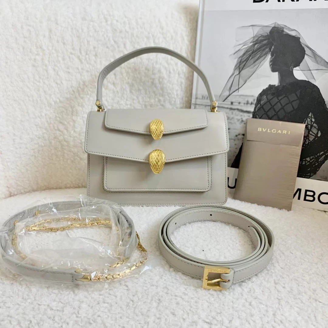 99新 BVLGARI/宝格丽 壹臻/大王联名款米灰色双蛇头包 83076517