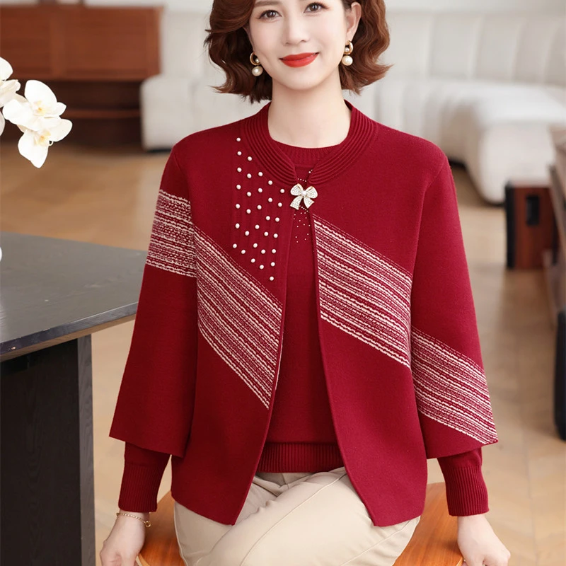 2025新款妈妈装秋冬上衣两件套装针织毛衣开衫中老年女洋气质外套