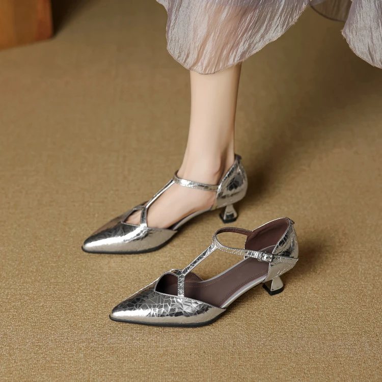 牛皮~5cm法式复古丁字带银色玛丽珍鞋春夏新款镂空单鞋包头凉鞋女