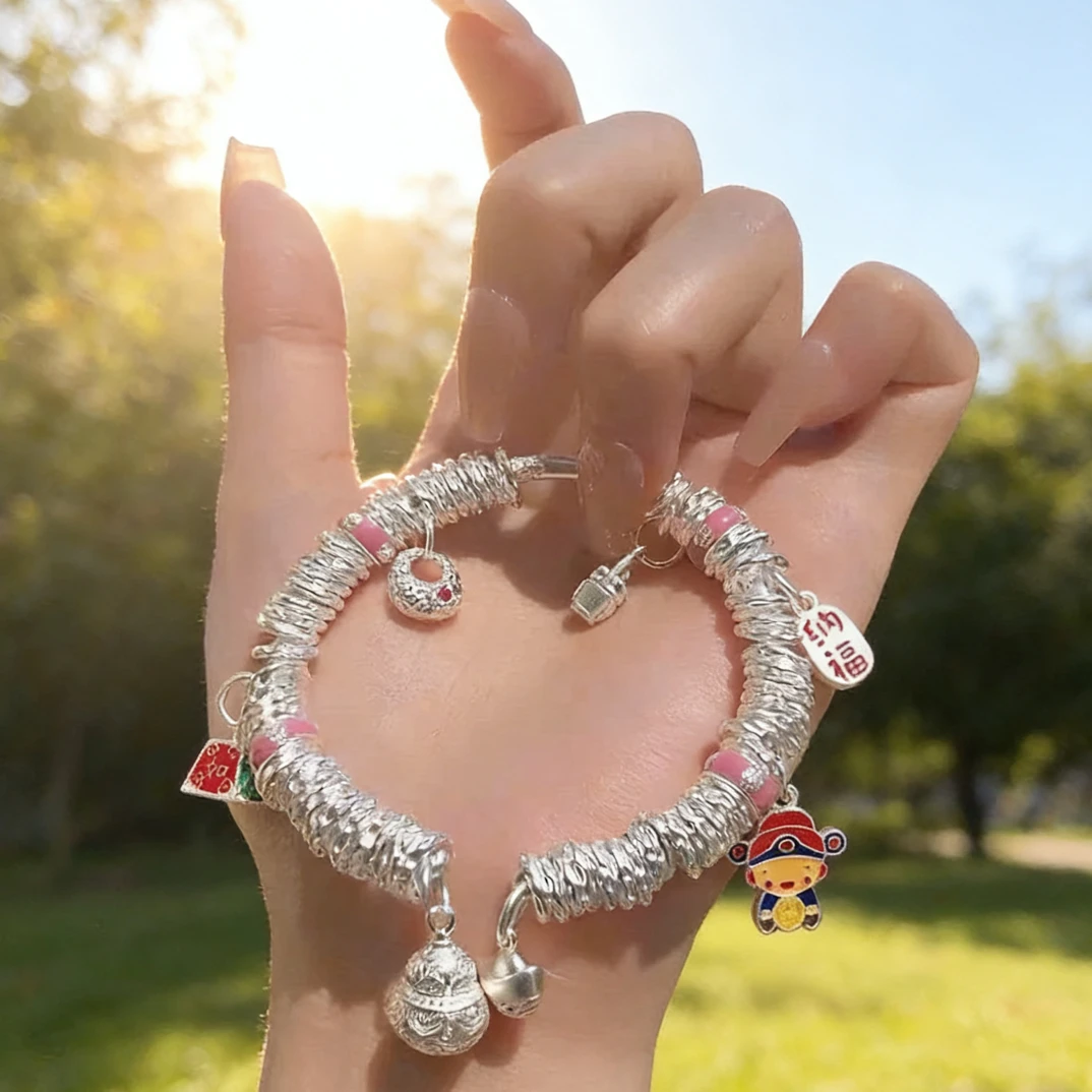 足银手镯 碎银开口盘缠招财猫手镯9999