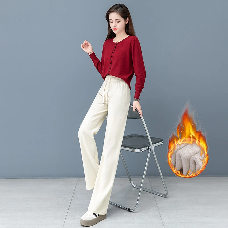 秋冬季外穿阔腿裤女加绒加厚高腰显瘦直筒裤保暖宽松大码休闲裤子