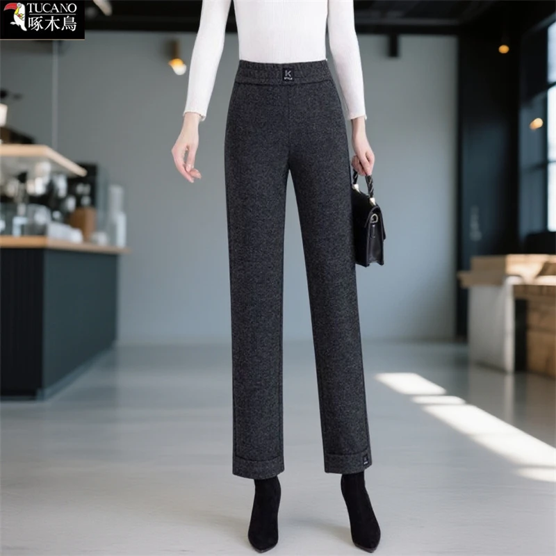 啄木鸟2025年秋冬高腰显瘦人字纹直筒裤女新款时髦拼接设计九分裤