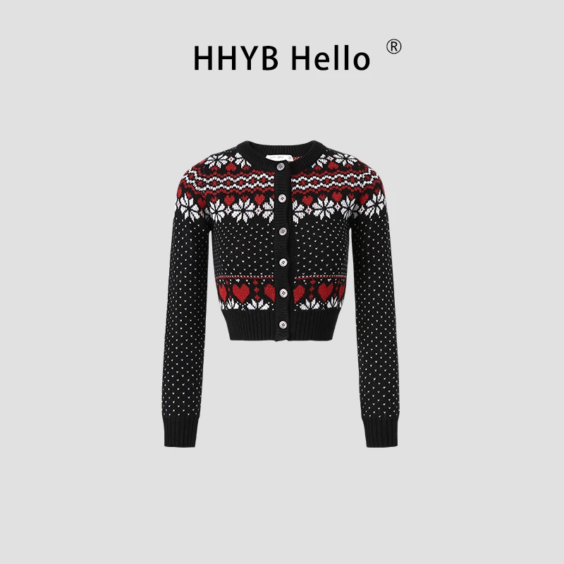 HHYB Hello复古提花针织开衫2025秋冬美式甜心雪花小毛衣女M1387