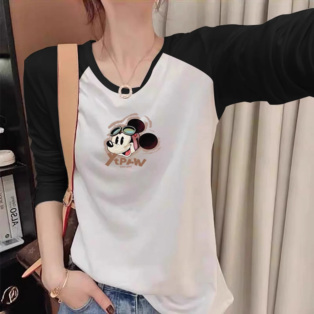 2025正肩长袖t恤女春秋新款时尚百搭印花修身打底衫插肩女装上衣
