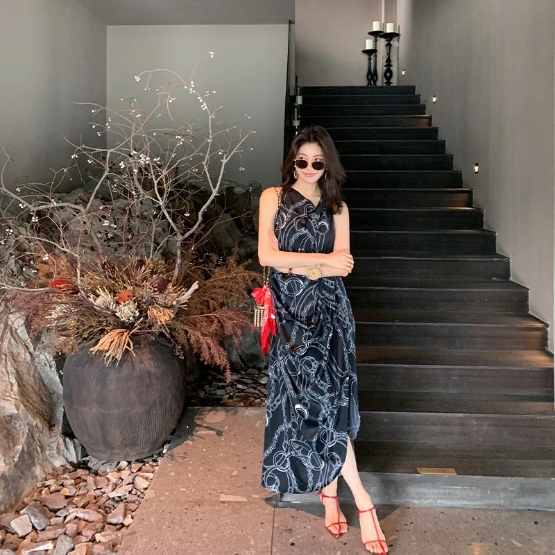 【ALONE SAVOR】龍喜儿 夜曲 度假优雅气质黑色印花收腰连衣裙Z400