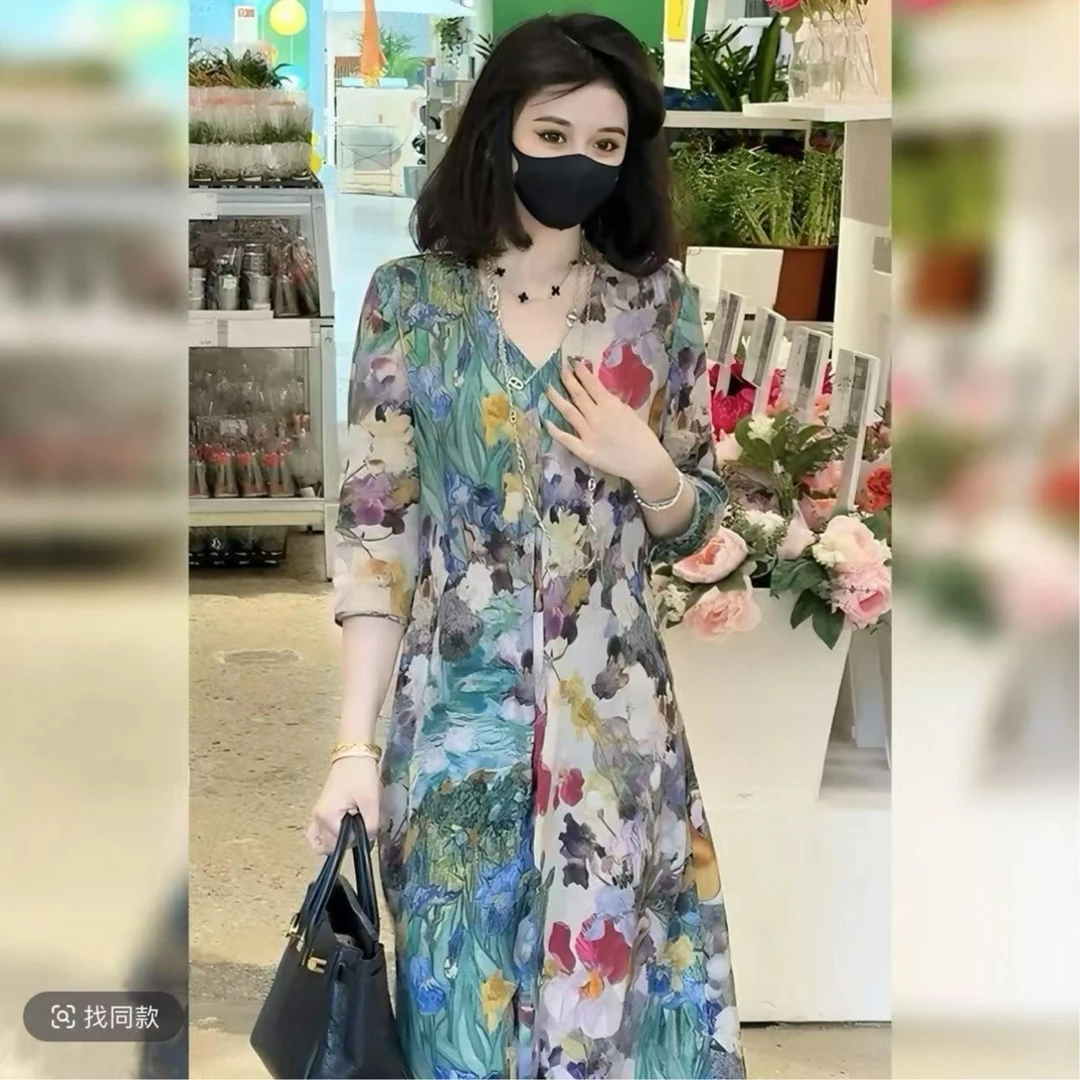 端线欧若风新款时尚轻奢印花法适合海边拍照碎花显瘦连衣裙