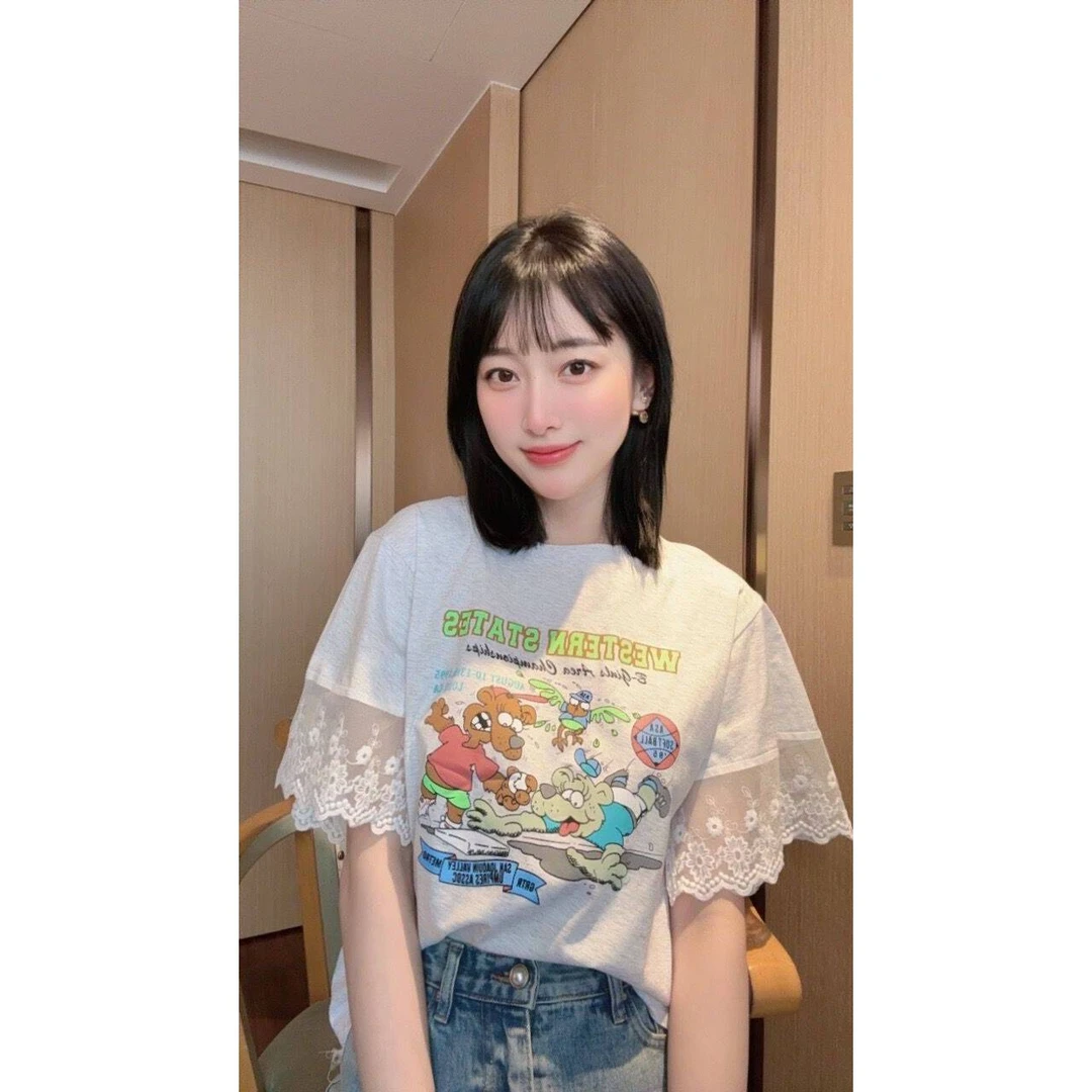 【张静芝】卡通狗狗拼蕾丝花边袖T恤