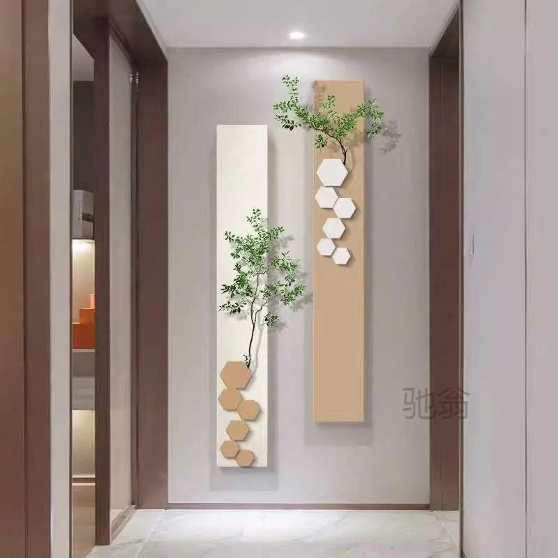 麓r立体砂岩带绿植组合挂画奶油风竖版走廊尽头玄关装饰画过道长