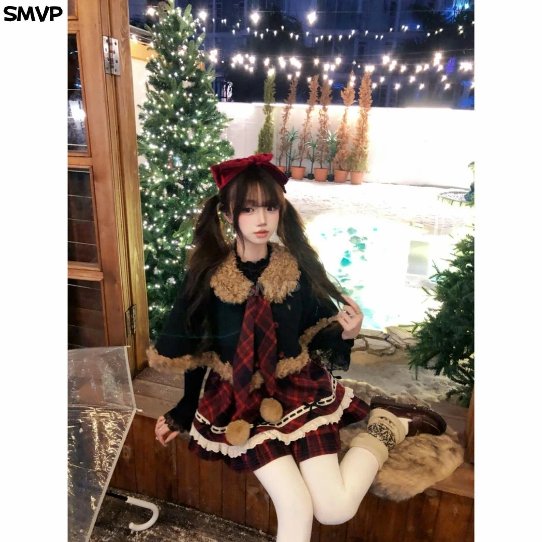 SMVP春冬收腰显瘦学院风甜美圣诞假两件格纹连衣裙+披肩斗篷套装