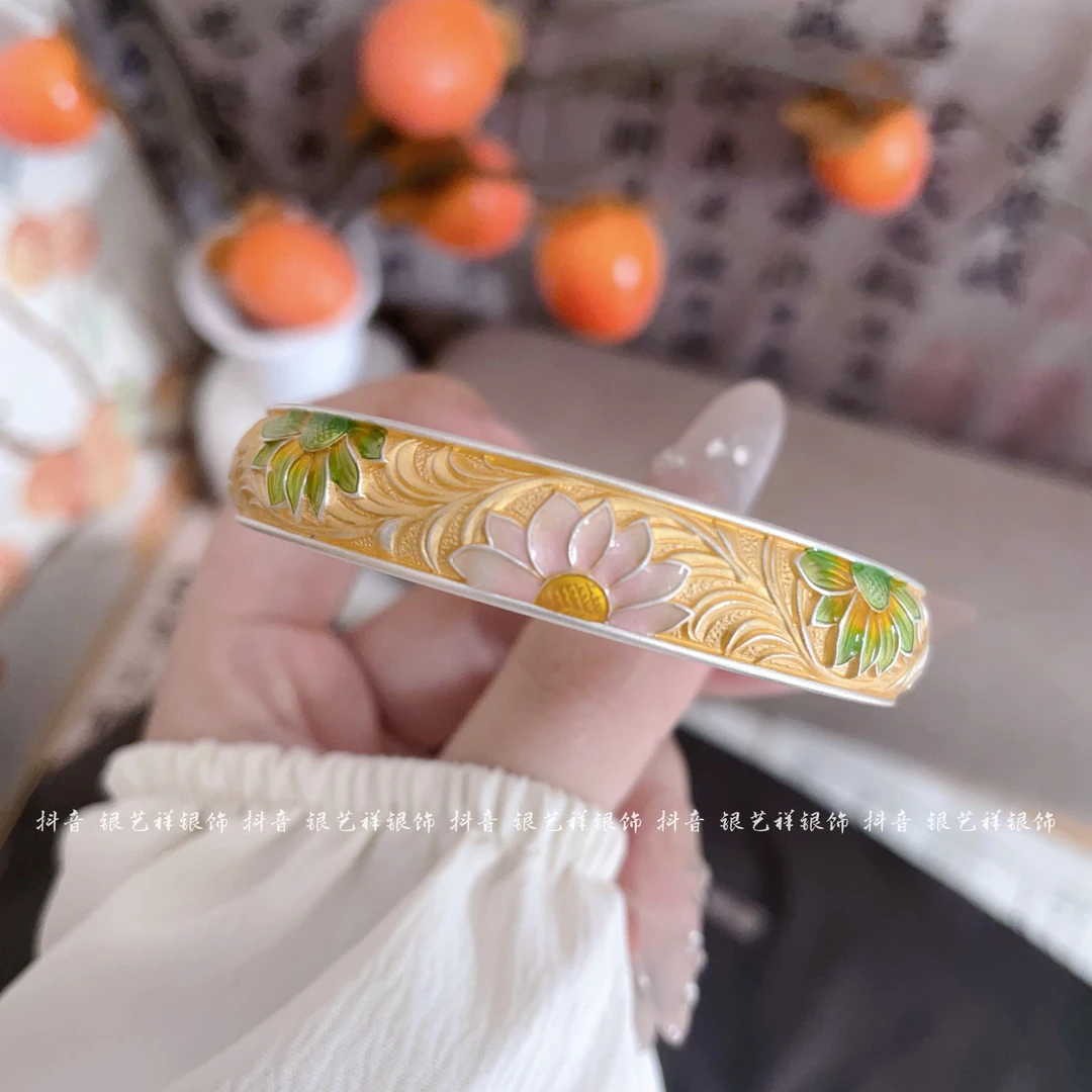 足银银制品 足银999.9向阳花描金珐琅向日葵气质百搭吉言足银手镯