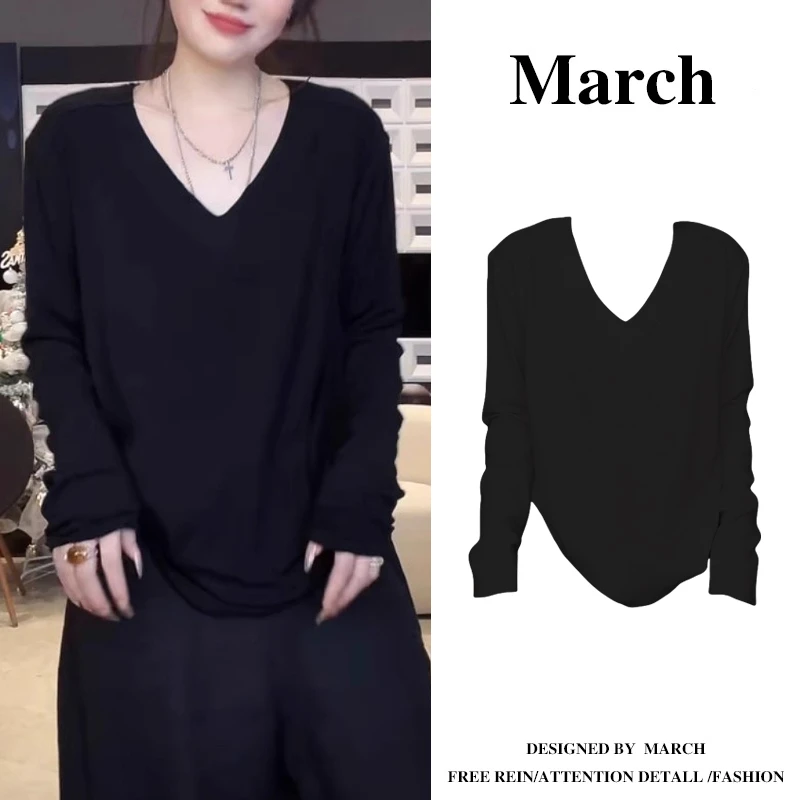 大码纯色v领长袖T恤女2025春季流行宽松显瘦减龄设计感上衣-5779