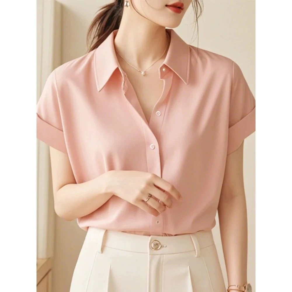 韩系chic温柔粉色翻领正肩短袖衬衫女夏季款休闲百搭简约绝美上衣