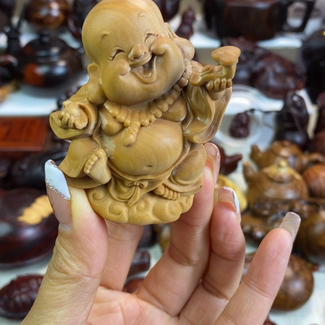 木黄杨木米勒佛手把件