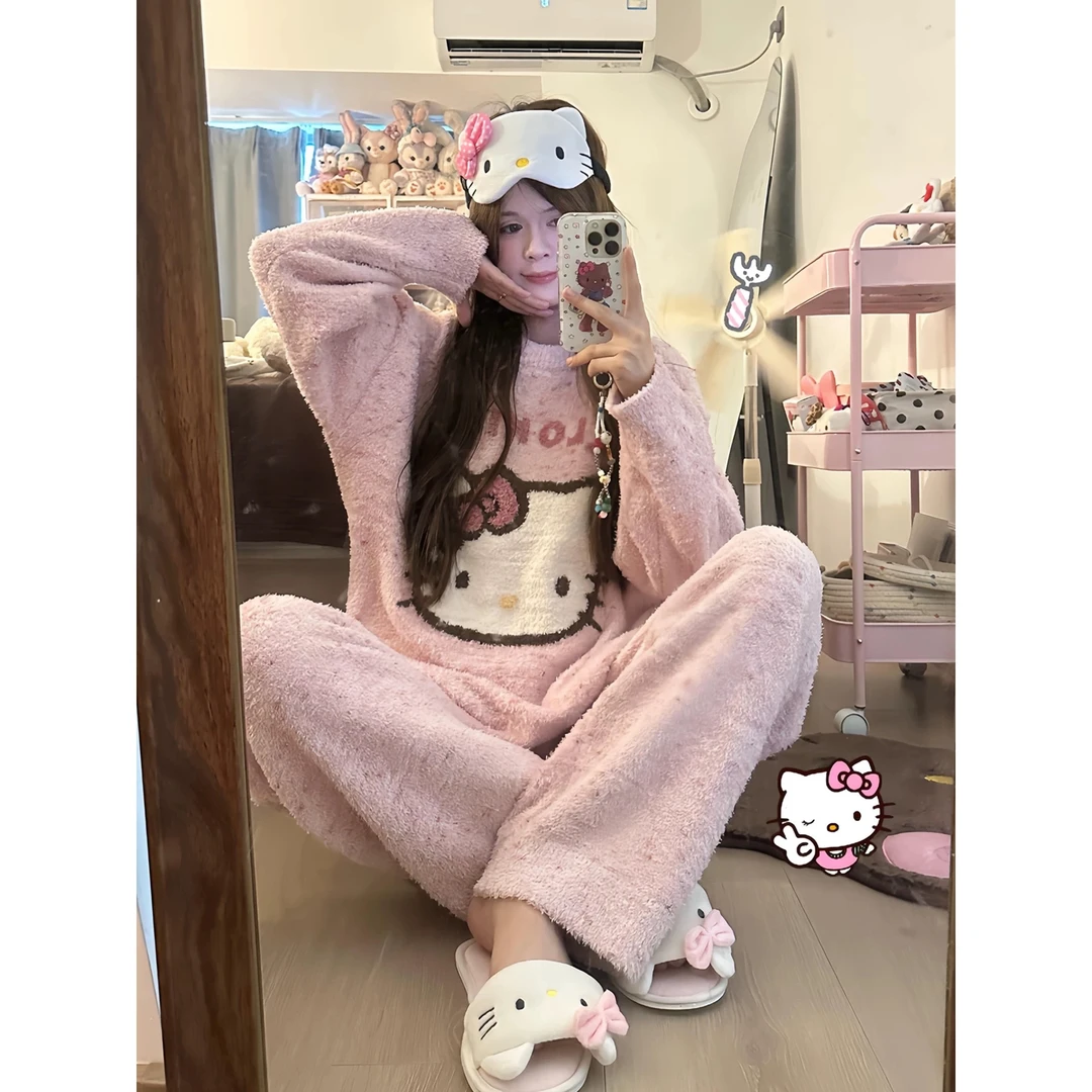 Hellokitty半边绒睡衣女2025新款秋冬季加厚款保暖可爱家居服套装