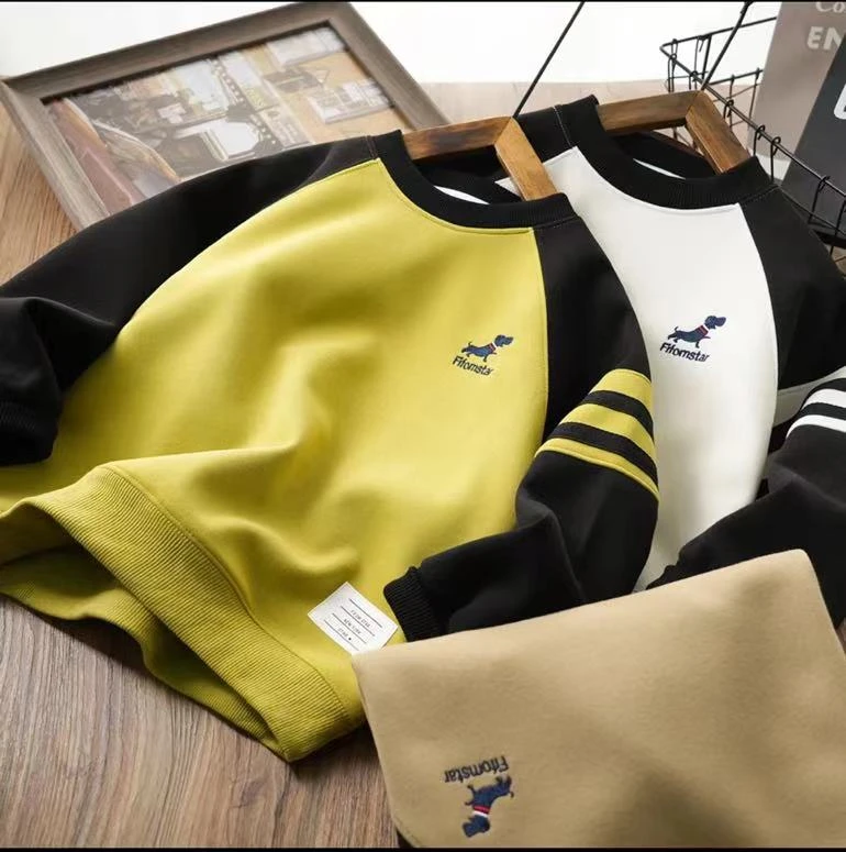 儿童秋季拼接小狗刺绣休闲卫衣儿童中大童圆领百搭拉条上衣