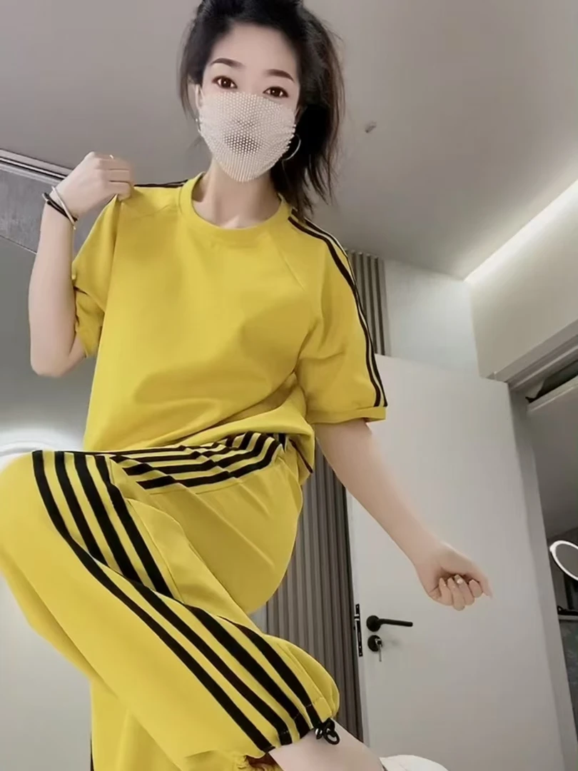 休闲运动套装女2025夏季新款时尚宽松显瘦圆领短袖卫衣卫裤两件套