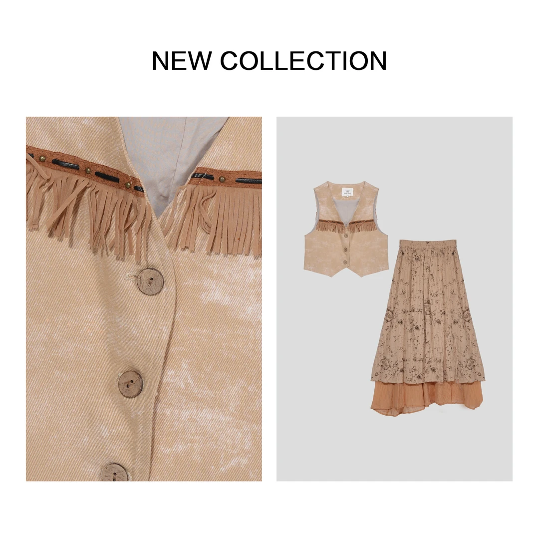 《婷婷专属》D3F28087流苏纽扣装饰马甲+印花层叠半裙套装-8087