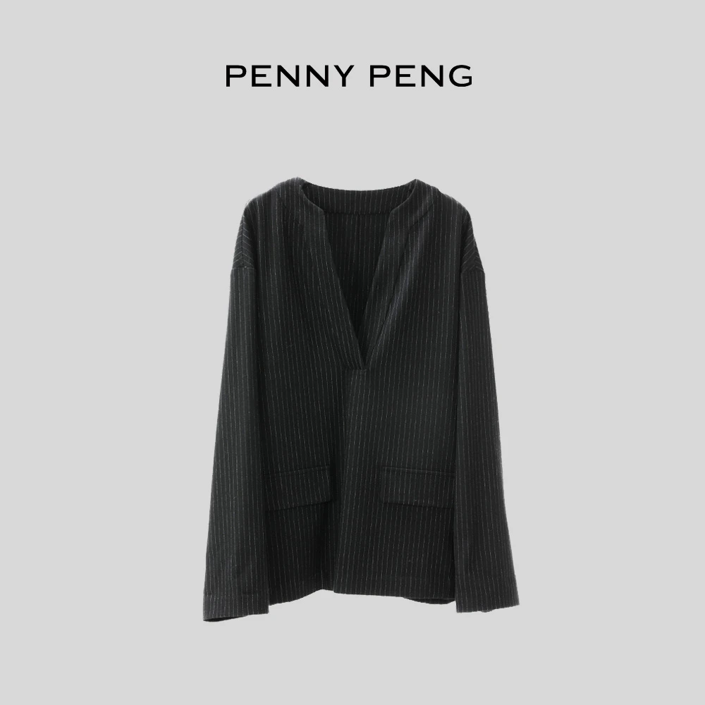 PENNYPENG独立宣言春季气质洋气休闲通勤黑色设计感条纹套头衫