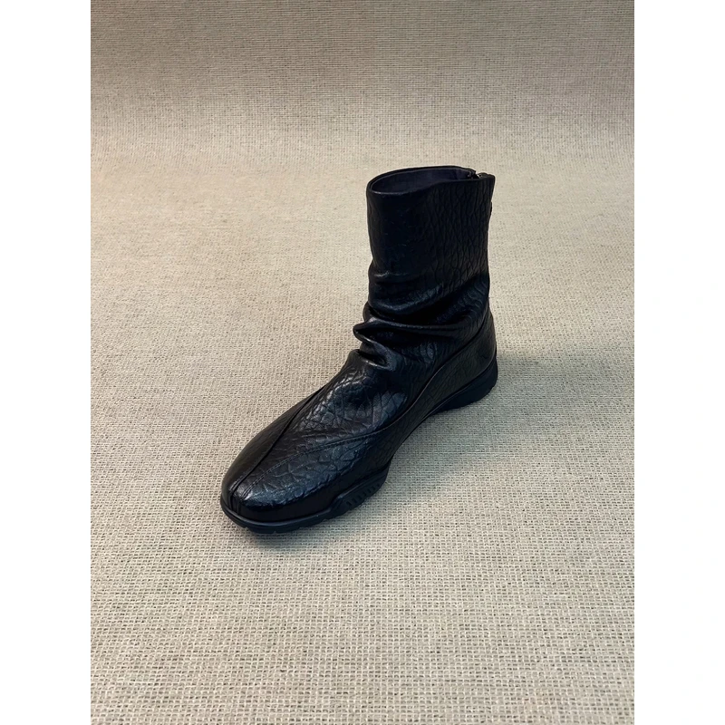 nnmiss·34-41/4.5cm巨软羊皮复古圆头褶皱后拉链百搭运动厚底短靴