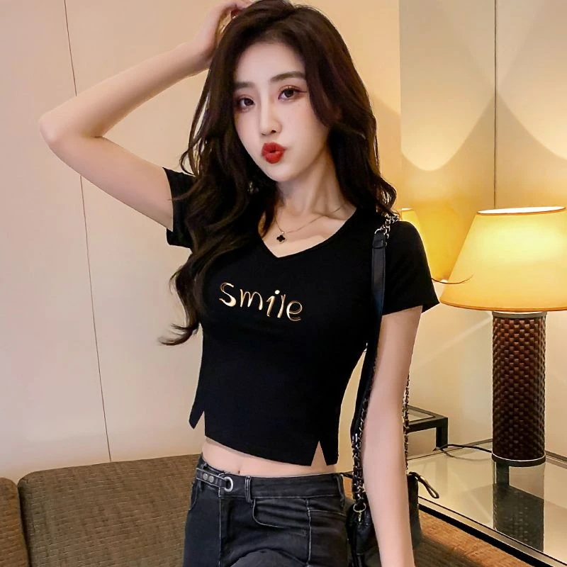 黑色修身开叉短袖短款t恤女夏季时尚百搭小个子简约短款高腰上衣
