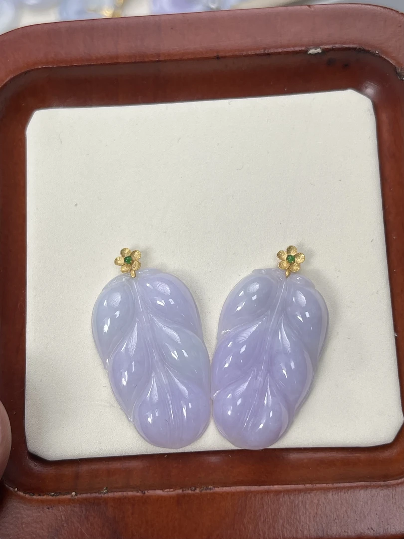 天然缅甸a货翡翠18k金五花扣头紫叶子（多样性发其一）