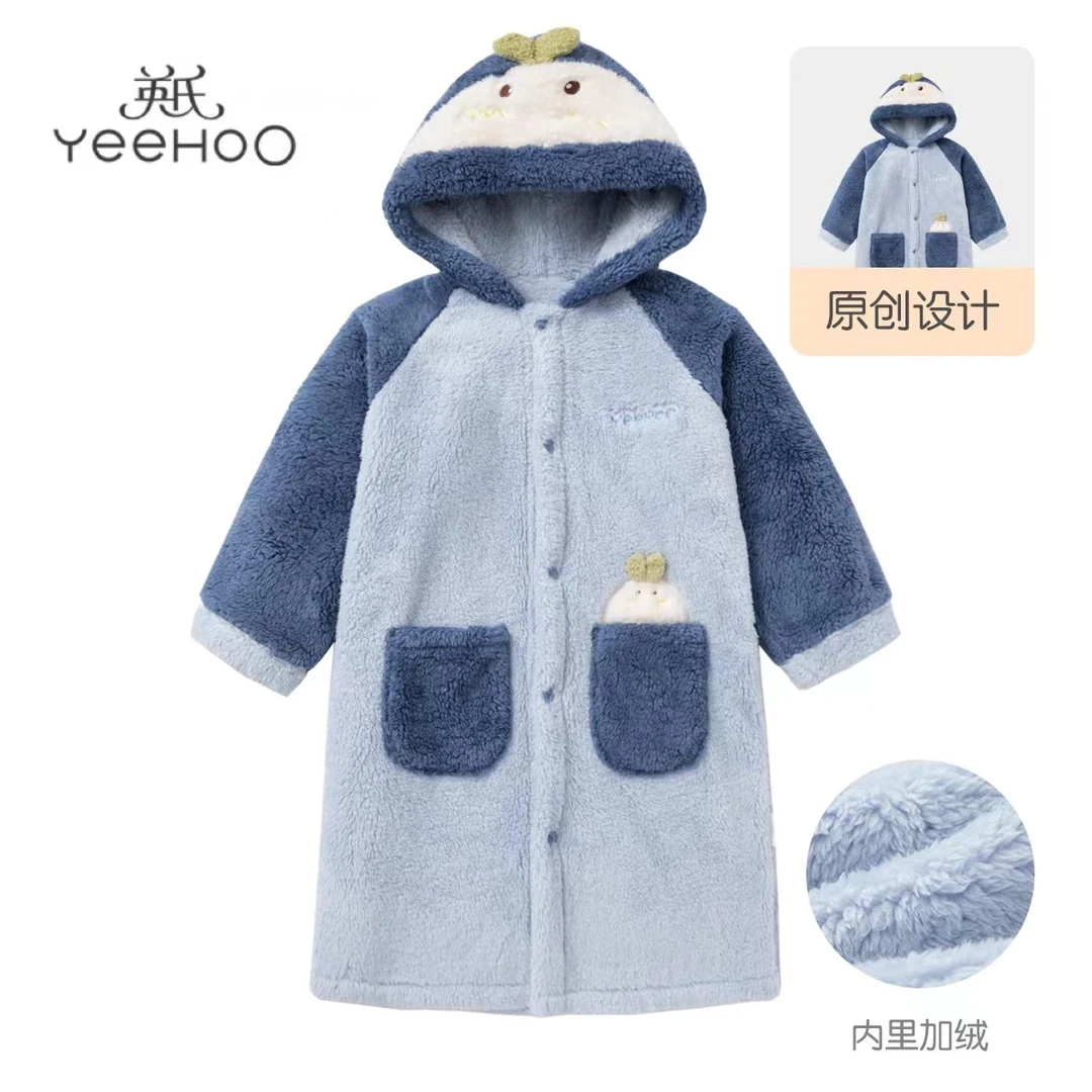 英氏【加绒加厚保暖睡袍睡衣】儿童秋冬北极绒原创卡通可爱睡袍M