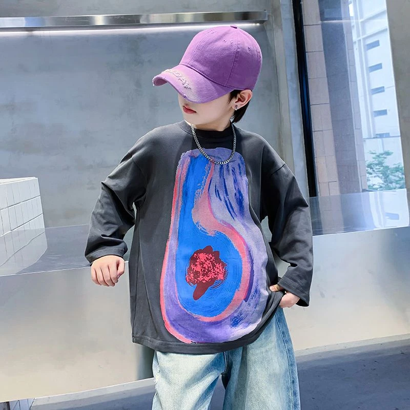 男大童春秋潮牌涂鸦宽松长袖T恤2025年儿童男孩酷帅薄上衣4639