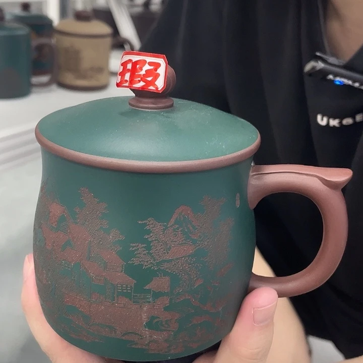 茶杯紫砂粉浆刻绘 飞把盖杯