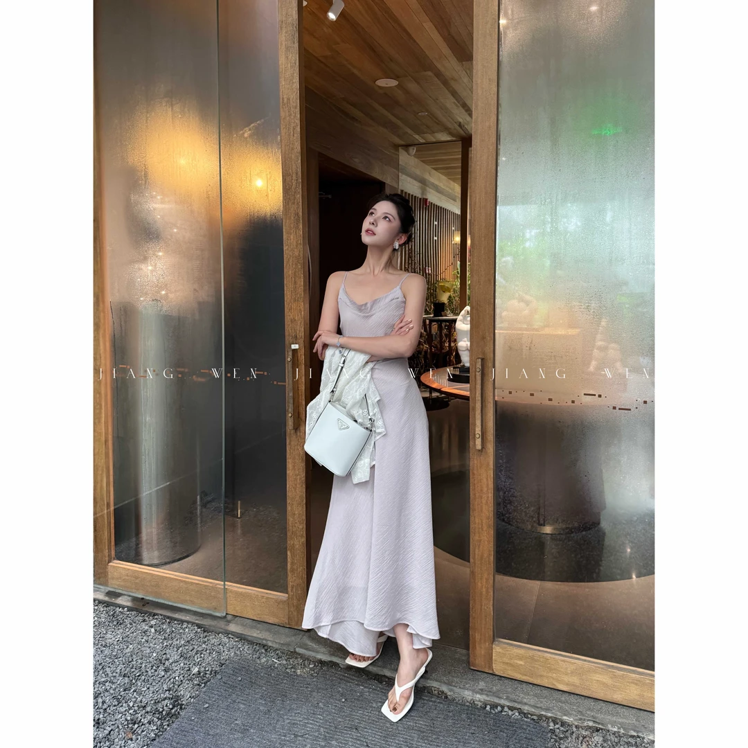 【曼妙藕紫】“桑蚕丝”氛围感丝滑修身缎面机理感长款连衣裙