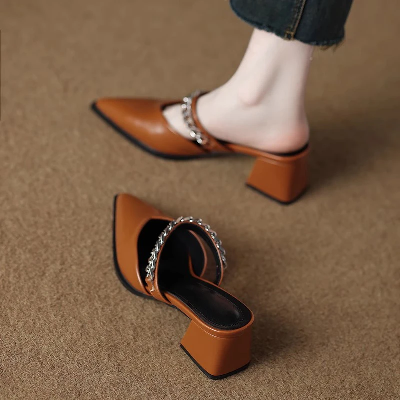 软皮绝美时尚高级感包头半拖鞋女外穿凉拖2025夏日配裙子高跟单鞋