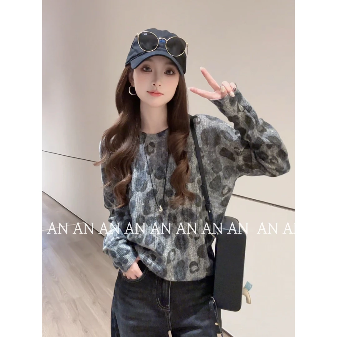 C09215秋季chic气质别致慵懒风宽松长袖软糯套头豹纹针织衫