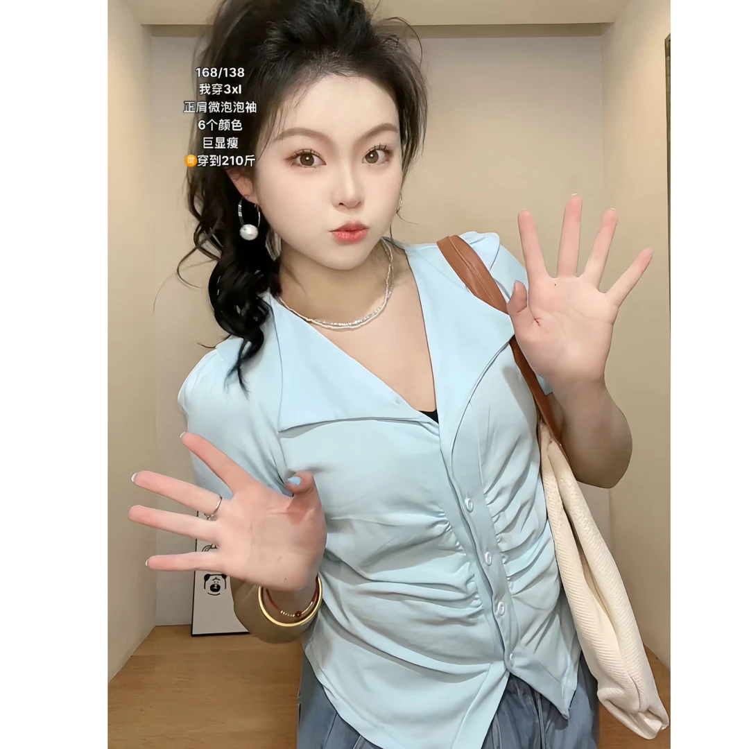 韩系翻领收腰开叉短袖女微胖女孩辣妹风显瘦气质轻奢夏季小众