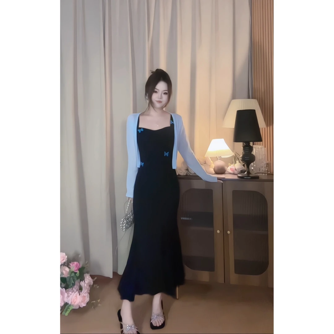 显瘦复古时尚蓝蝴蝶气质法式遮肚子拼接网纱灵动裙摆连衣裙套装