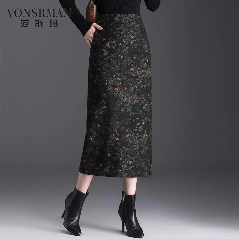 印花复古直筒裙半身裙长款女秋冬2025新款四十岁一步裙开叉裙子女