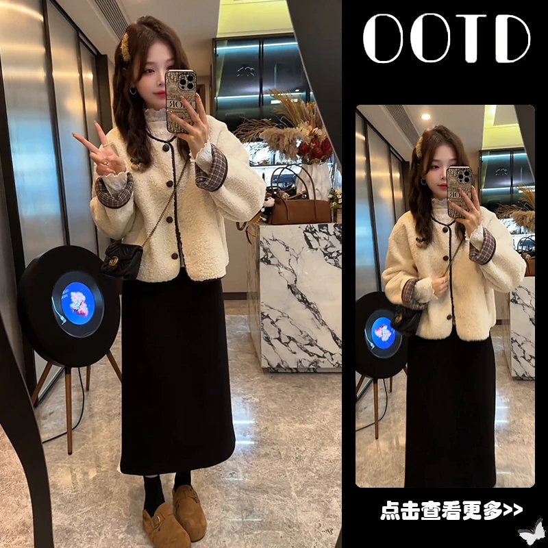 秋季流行穿搭一整套女2025新款宽松毛绒外套蕾丝衫半身裙三件套