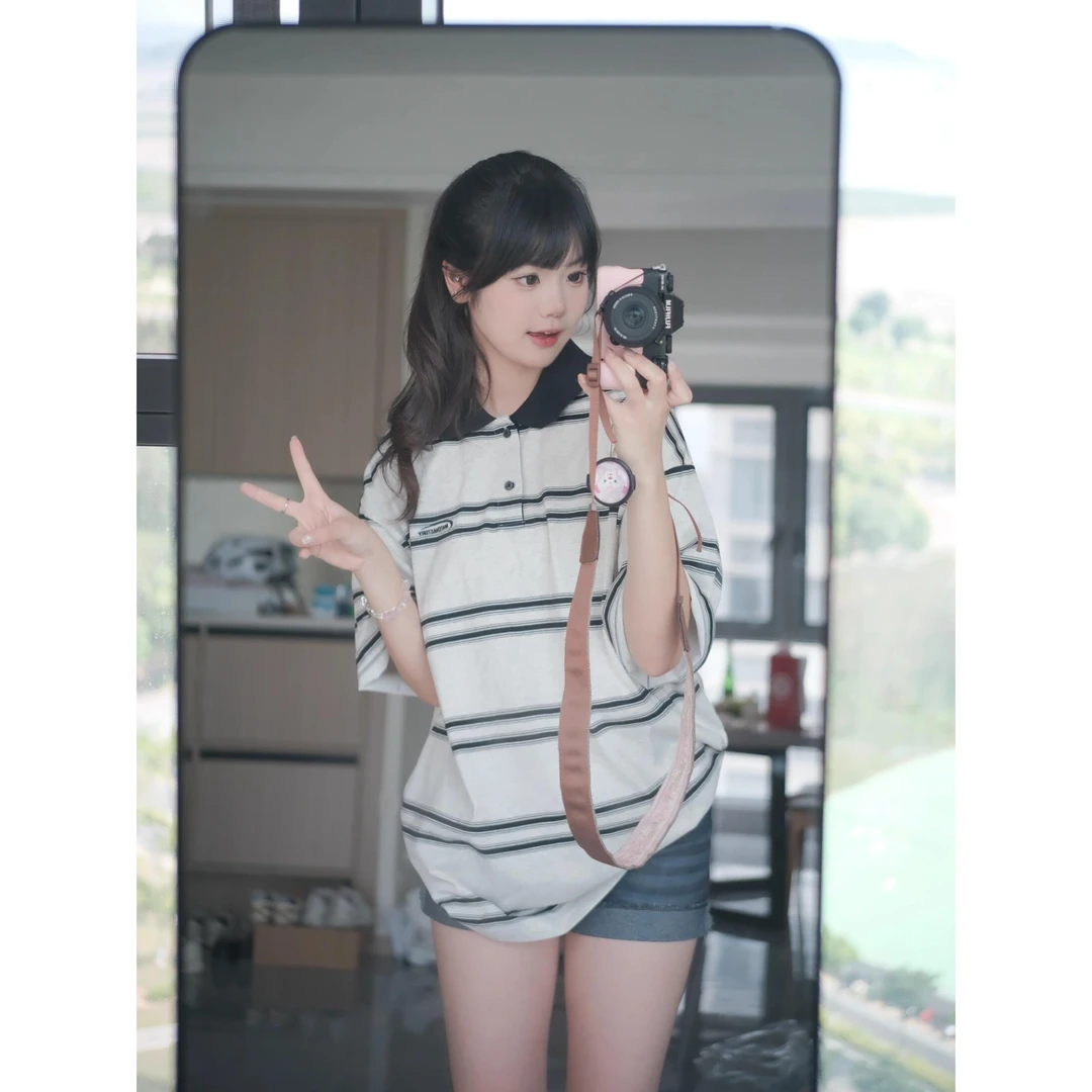 日系复古撞色条纹短袖T恤女polo翻领小众设计感学院风灰色上衣